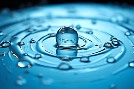 Close-up blue water droplets on glass surface. Reflecting light, creating beautiful shine. Generative AIの素材