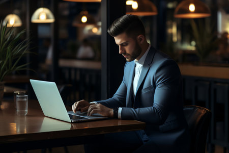 Businessman at cafe, using laptop, showcasing contemporary work environment. Generative AIの素材