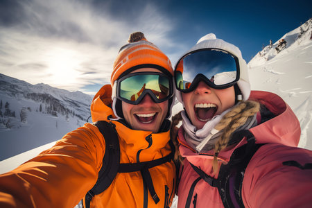 Happy couple skiing, taking snowy selfie on mountain. Joyful winter moment captured. Generative AIの素材