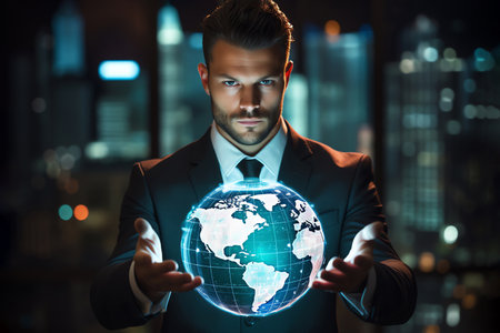 A businessman in a suit presents a holographic globe, showcasing global strategy and innovation. Explore the future of business with digital planning and international vision. Generative AIの素材