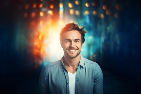 Smiling man on a vibrant background, exuding confidence and positivity. A colorful portrait capturing joy and urban style. Generative AIの素材