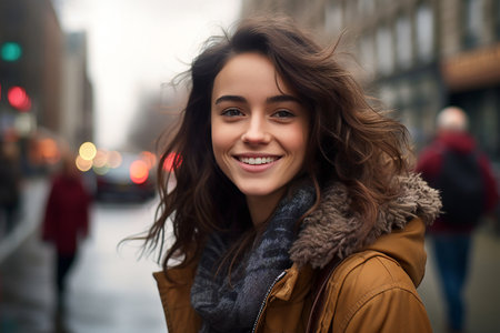 a cheerful woman smiles on the city streets. Her trendy style and vibrant demeanor reflect a joyous urban lifestyle. Generative AIの素材