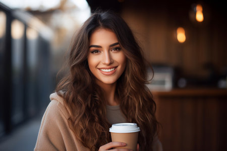 Smiling urban woman enjoying a coffee break on a lively city street. Stylish and cheerful, she adds a touch of joy to the vibrant cityscape. Generative AIの素材