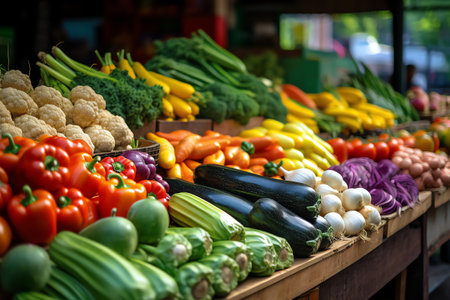 Colorful vegetable crates arranged neatly on market display. Fresh produce in wooden boxes at the food market. Generative AIの素材