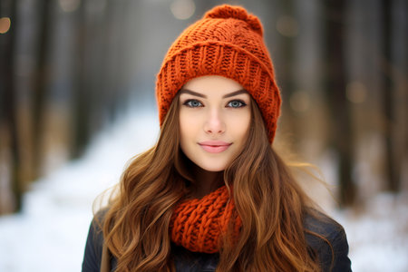 Smiling woman in winter hat on snowy street. Simple urban portrait capturing seasonal joy. Generative AIの素材
