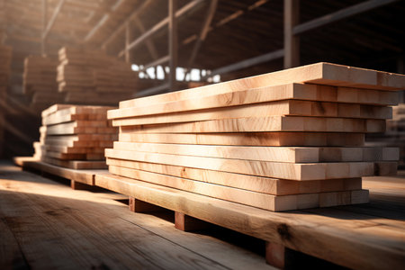Stacked lumber on warehouse shelf, available for construction purchase. Wood planks stored indoors, suitable for building projects. Generative AIの素材