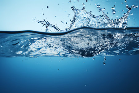A close-up splash, vibrant and dynamic. High-speed water movement, frozen in a single moment. Generative AIの素材