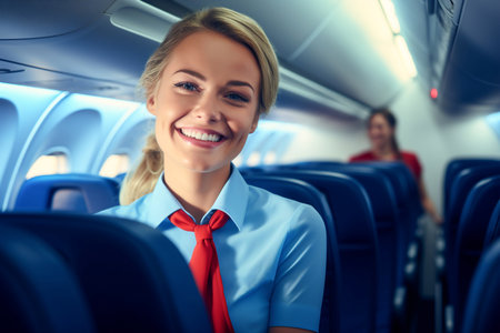 A smiling stewardess in a spacious airplane cabin, ensuring passenger safety and comfort during the flight. Generative AIの素材