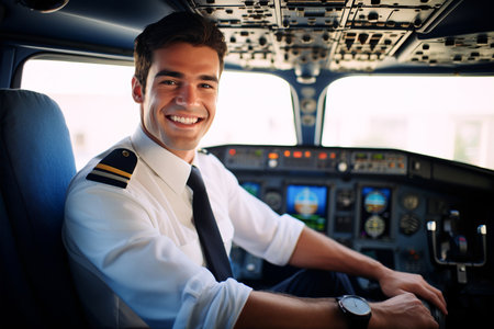 A young, smiling aircraft captain sits in the cockpit seat, representing passenger and cargo aviation. Simple, professional, and engaging. Generative AIの素材