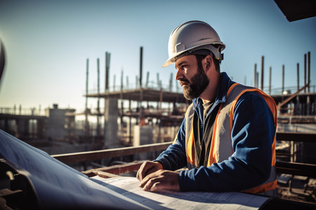 Engineer on construction site holding blueprints, wearing helmet and safety vest. Concept of building project and construction worker. Generative AIの素材