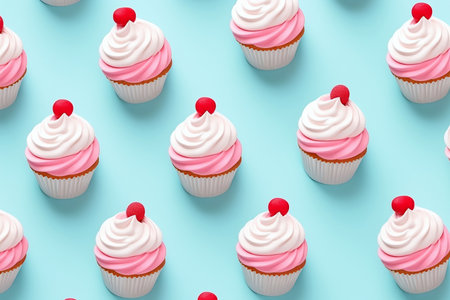Colorful cupcakes with whipped cream toppings arranged on a vibrant background. Perfect for bakery ads or sweet treat promotions. Generative AIの素材
