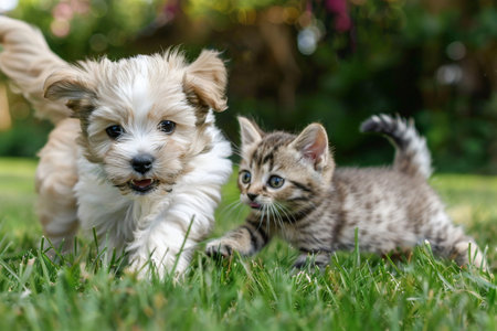 Adorable puppy and kitten playing together on a green lawn, full of youthful energy and curiosity. Generative AIの素材