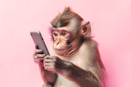 A baby monkey curiously using a smartphone, appearing focused and thoughtful against a pink background. Generative AIの素材