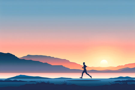 Woman jogging at sunrise in a park with the urban skyline as a backdrop. Generative AIの素材
