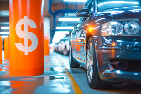 Close-up of a car in a brightly lit parking lot with a dollar symbol on an orange pillar, symbolizing cost. Generative AIの素材