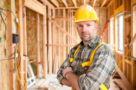 A confident construction worker in a hard hat and safety gear stands inside a wooden frame of a building. Generative AIの素材