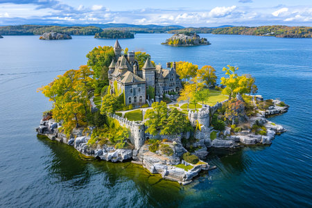 Beautiful island castle surrounded by lake water, capturing the essence of fall colors and medieval charm. Generative AIの素材
