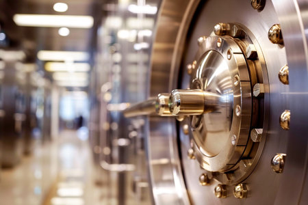 Close-up of a secure bank vault door with steel bolts and locking mechanisms, highlighting security. Generative AIの素材