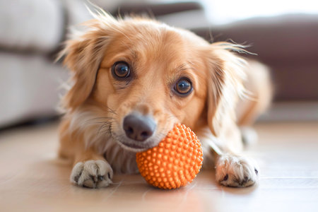 Dog with an orange ball, resting on the floor, watching the camera with a focused expression. Generative AIの素材