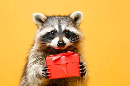Adorable raccoon holding a red gift box with a bow, set against a bright background, looking curious. Generative AIの素材