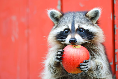 A raccoon holding a fresh red apple, surrounded by a blurred natural background, enjoying autumn vibes. Generative AIの素材
