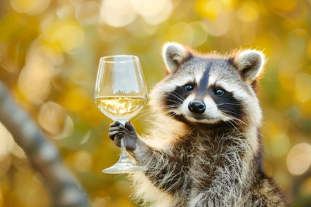 A cheerful raccoon holding a glass of white wine against a warm, bokeh-filled background. Generative AIの素材