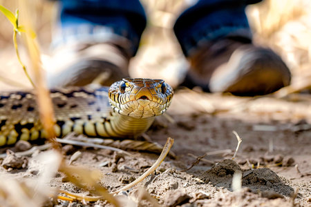 Focused shot of a snake curled around a boot, showcasing the encounter with nature and its inherent risks. Generative AIの素材
