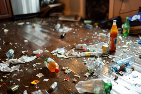 Street littered with plastic waste and trash after an event, highlighting urban pollution issues. Generative AIの素材