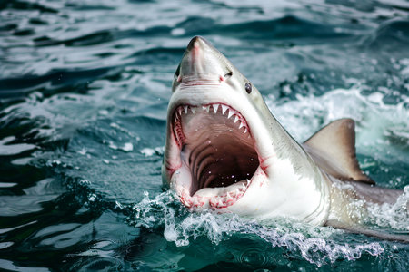 Great white shark emerging from the water with its powerful jaws wide open, ready to strike. Generative AIの素材
