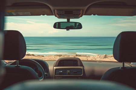 View of the serene ocean from inside a parked car, capturing a moment of peaceful seaside relaxation. Generative AIの素材