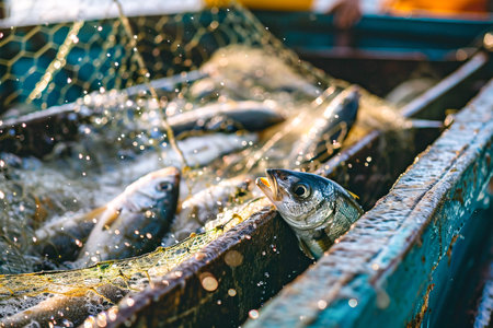 Freshly caught fish in a net, showcasing the bounty of a successful fishing day. Generative AIの素材