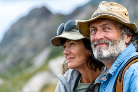 Mature couple hiking through a beautiful mountain trail, enjoying the outdoor adventure and fresh air. Generative AIの素材