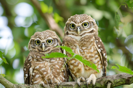 Two striking owls with piercing eyes sitting closely, showcasing their stunning feathers. Generative AIの素材
