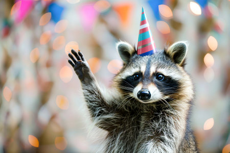A playful raccoon wearing a party hat, raising a paw against a festive, colorful bokeh background. Generative AIの素材