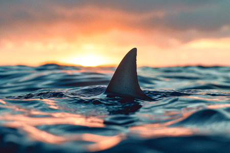 Suspenseful view of a shark fin in the calm sea, hinting at the predator below. Generative AIの素材