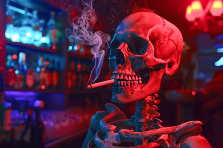 Skeleton illuminated by blue light, holding a cigarette in a smoky, haunting bar setting. Generative AIの素材