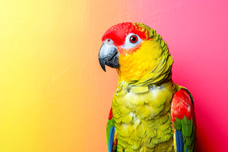 Vibrant green parrot with a bright red head stands against a warm gradient background, showing colorful plumage. Generative AIの素材