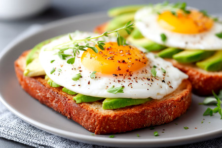 A hearty breakfast features toasted bread layered with fresh avocado and sunny-side-up eggs. Garnished with herbs, this dish looks inviting and flavorful.の素材