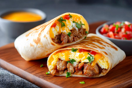 Warm burritos are filled with fluffy scrambled eggs, savory meat, and topped with fresh herbs. Served with salsa and cheese dip on a wooden tray.の素材