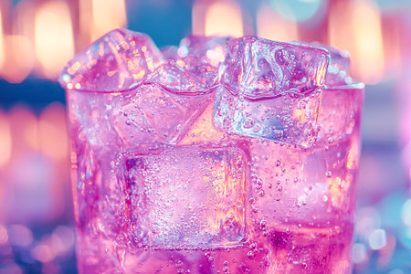 Bright sparkling drink filled with ice cubes sits on a bar counter. Colorful lights create a vibrant atmosphere in the background, suggesting a fun night out.の素材