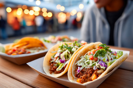 Colorful tacos filled with meat and fresh toppings are showcased on a table. Lively background shows people at a food market enjoying their evening.の素材