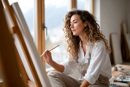 A woman with curly hair focuses on painting on a canvas in a cozy art studio filled with natural light. Mountains are visible through the window.の素材