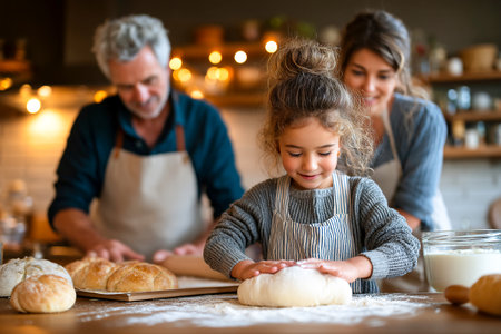 A child joyfully kneads dough on a wooden table while family members prepare other baked goods in a warm and inviting kitchen filled with light.の素材