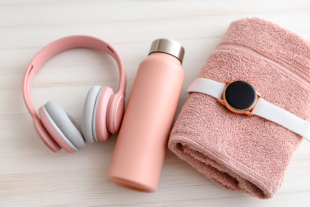 A pink pair of headphones rests next to a pastel water bottle and a soft towel. This arrangement is perfect for a refreshing workout session.の素材
