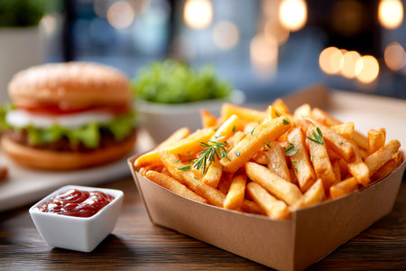 Crispy golden fries are served in a paper box with a small dish of ketchup. A burger with lettuce and tomato sits nearby, along with a bowl of fresh greens.の素材
