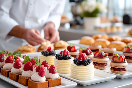 A pastry chef carefully places fresh berries on elegant desserts in a bright bakery kitchen. Sweet treats await serving on white plates.の素材