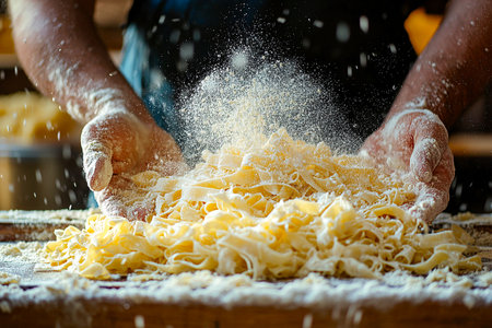 Hands covered in flour skillfully shaped fresh pasta in a cozy kitchen while the warm light illuminates the wooden table and ingredients surrounding the chef.の素材