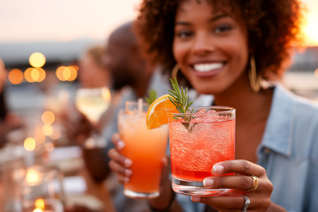Group of friends share joyful moments at sunset, raising colorful cocktails and enjoying the lively atmosphere of an outdoor gathering by the water.の素材