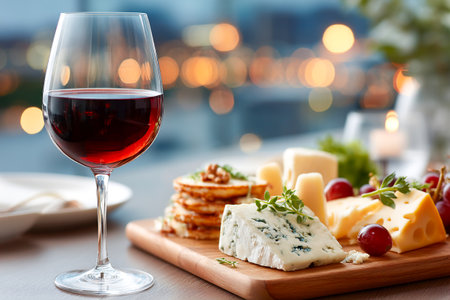 A selection of cheeses and grapes accompanied by a glass of red wine is displayed on a table. The setting features a beautiful view with city lights at dusk.の素材