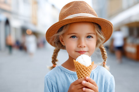A young girl with braids wears a straw hat while savoring a delicious ice cream cone on a lively street filled with people during the daytime.の素材